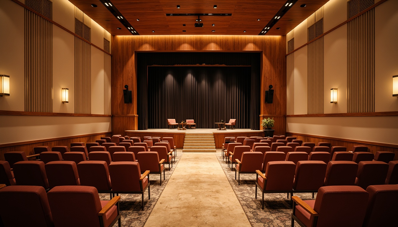 Prompt: Warmly lit auditorium, mid-century modern style, rich wood tones, polished walnut paneling, comfortable cushioned seating, soft velvety upholstery, elegant curved lines, sleek metal accents, subtle patterned rugs, warm beige walls, recessed lighting fixtures, decorative ceiling details, natural stone flooring, luxurious velvet curtains, sophisticated soundproofing systems, minimalist stage design, dramatic spotlights, warm ambient lighting, 1/2 composition, realistic textures, soft focus effect.