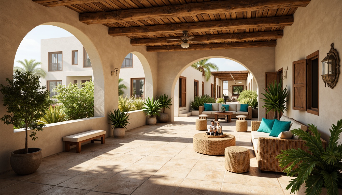 Prompt: Warm Mediterranean interior, natural stone flooring, soft beige walls, arched doorways, rustic wooden beams, airy open space, lush greenery, potted plants, wicker furniture, vibrant turquoise accents, ornate metalwork, sunny skylights, warm golden lighting, shallow depth of field, 3/4 composition, panoramic view, realistic textures, ambient occlusion.