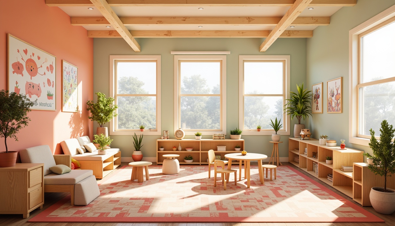 Prompt: Vibrant kindergarten interior, playful learning environment, bright pastel colors, soft peach walls, creamy white furniture, warm wooden accents, colorful rug patterns, whimsical illustrations, educational wall art, natural light pouring in, large windows, sheer curtains, gentle morning sunlight, shallow depth of field, 1/1 composition, realistic textures, ambient occlusion.