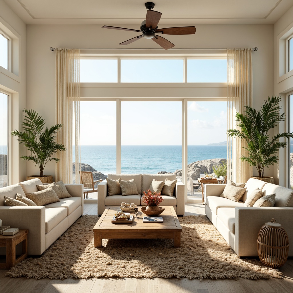 Prompt: Coastal living room, large windows, ocean views, natural light pouring in, creamy white walls, driftwood furniture, woven sea grass rugs, coral-inspired accents, shells and pebbles decorations, calming color palette, soft beige upholstery, linen fabrics, nautical ropes, potted palm trees, ambient lighting, warm sunbeams, shallow depth of field, 1/1 composition, realistic textures, atmospheric rendering.