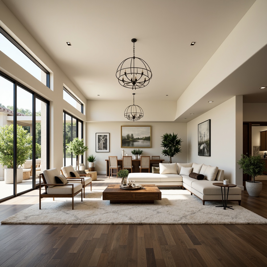 Prompt: Spacious villa interior, open floor plan, transitional style decor, high ceilings, large windows, natural light, cream-colored walls, dark hardwood floors, elegant chandelier, comfortable sectional sofa, plush area rug, modern minimalist coffee table, ornate wooden accents, sophisticated neutral color palette, subtle texture contrasts, soft warm lighting, shallow depth of field, 1/1 composition, realistic textures, ambient occlusion.