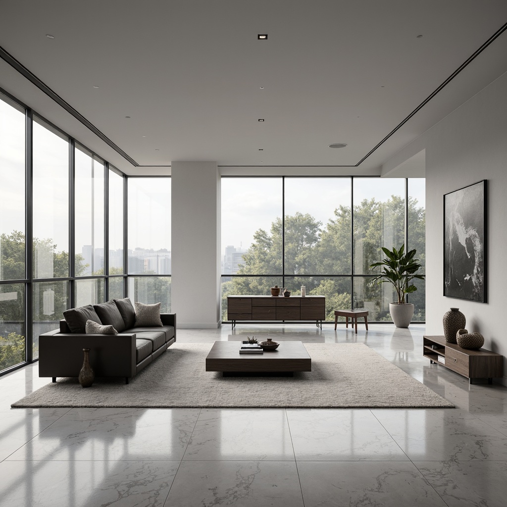 Prompt: Monochromatic living room, sleek low-profile furniture, polished marble floors, minimalist artwork, sparse greenery, industrial metal accents, floor-to-ceiling windows, natural light pouring in, subtle warm glow, shallow depth of field, 1/1 composition, panoramic view, realistic textures, ambient occlusion.