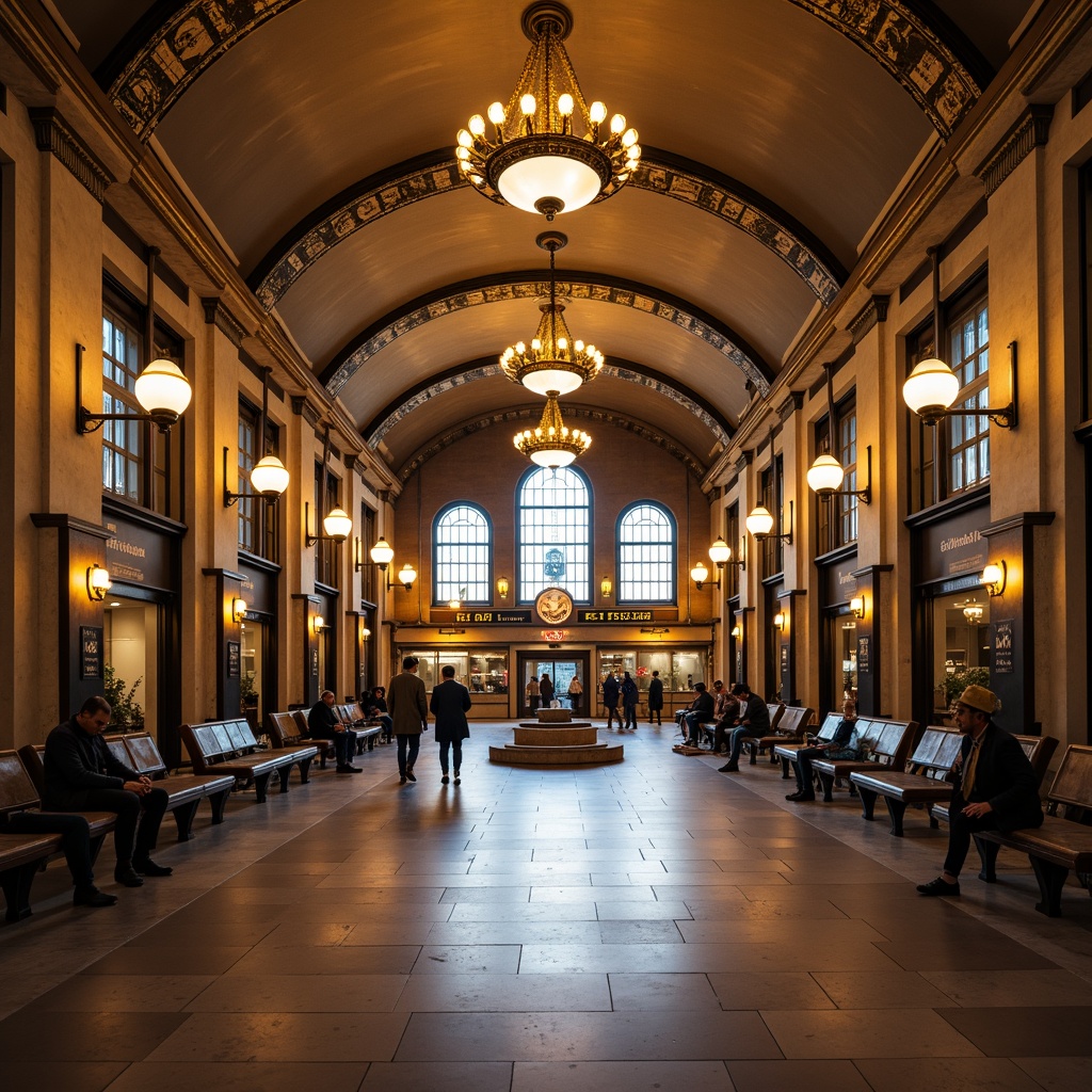 Prompt: Grand metro station, ornate chandeliers, vintage bronze fixtures, elegant lanterns, warm soft lighting, high ceilings, classical arches, marble floors, intricate moldings, rustic wooden benches, antique-inspired signs, ornamental metalwork, decorative iron railings, subtle warm tones, ambient glow, shallow depth of field, 1/2 composition, realistic textures.