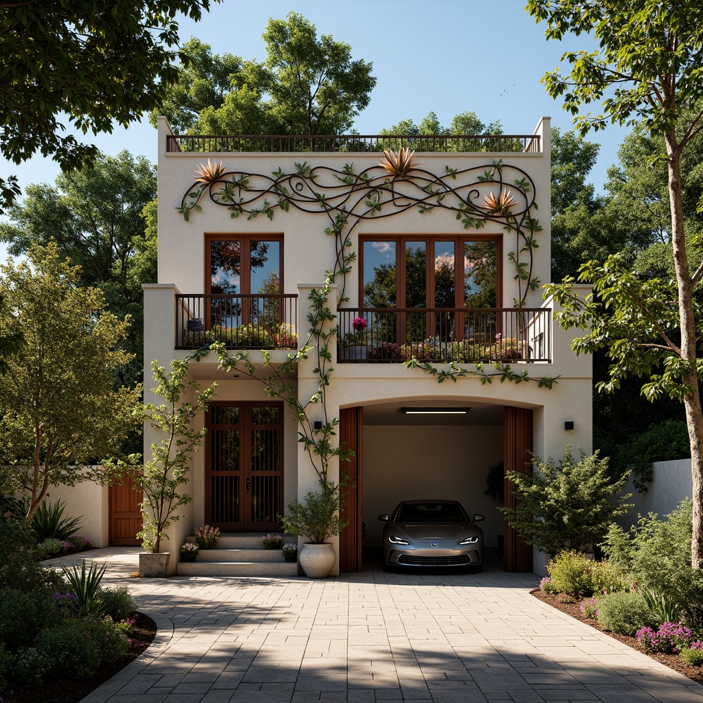 Prompt: Intricate Art Nouveau family garage, ornate metalwork, flowing organic lines, sinuous curves, whimsical florals, stained glass windows, vibrant jewel-toned colors, ornamental iron gates, rustic stone walls, lush greenery, blooming vines, natural light filtering, warm soft shadows, shallow depth of field, 1/1 composition, realistic textures, ambient occlusion.