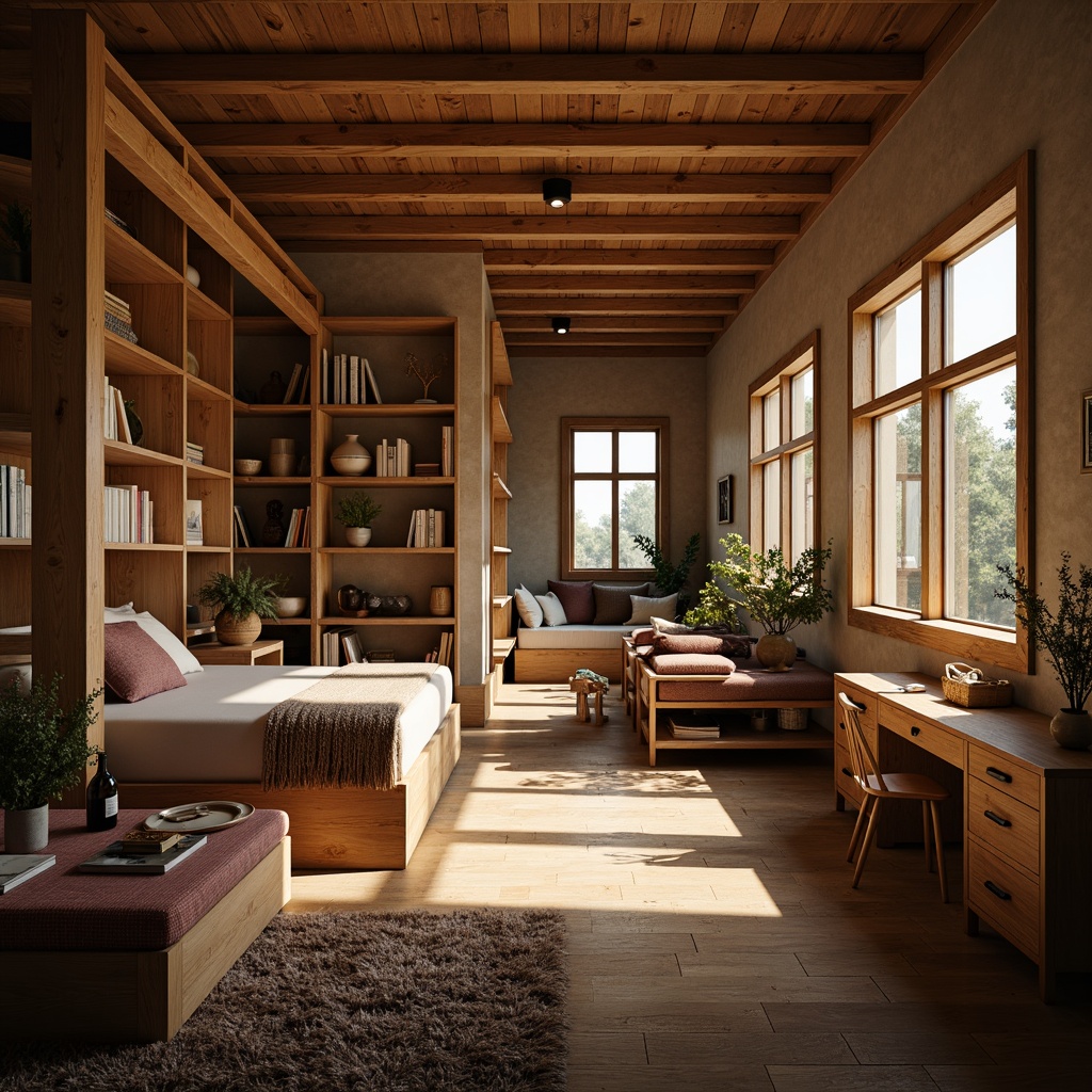 Prompt: Cozy dormitory, warm wooden furniture, plush carpets, soft cushions, textured walls, earthy tones, natural materials, rustic decor, vintage accessories, modern minimalist beds, comfortable reading nooks, warm task lighting, shallow depth of field, 1/1 composition, realistic textures, ambient occlusion.