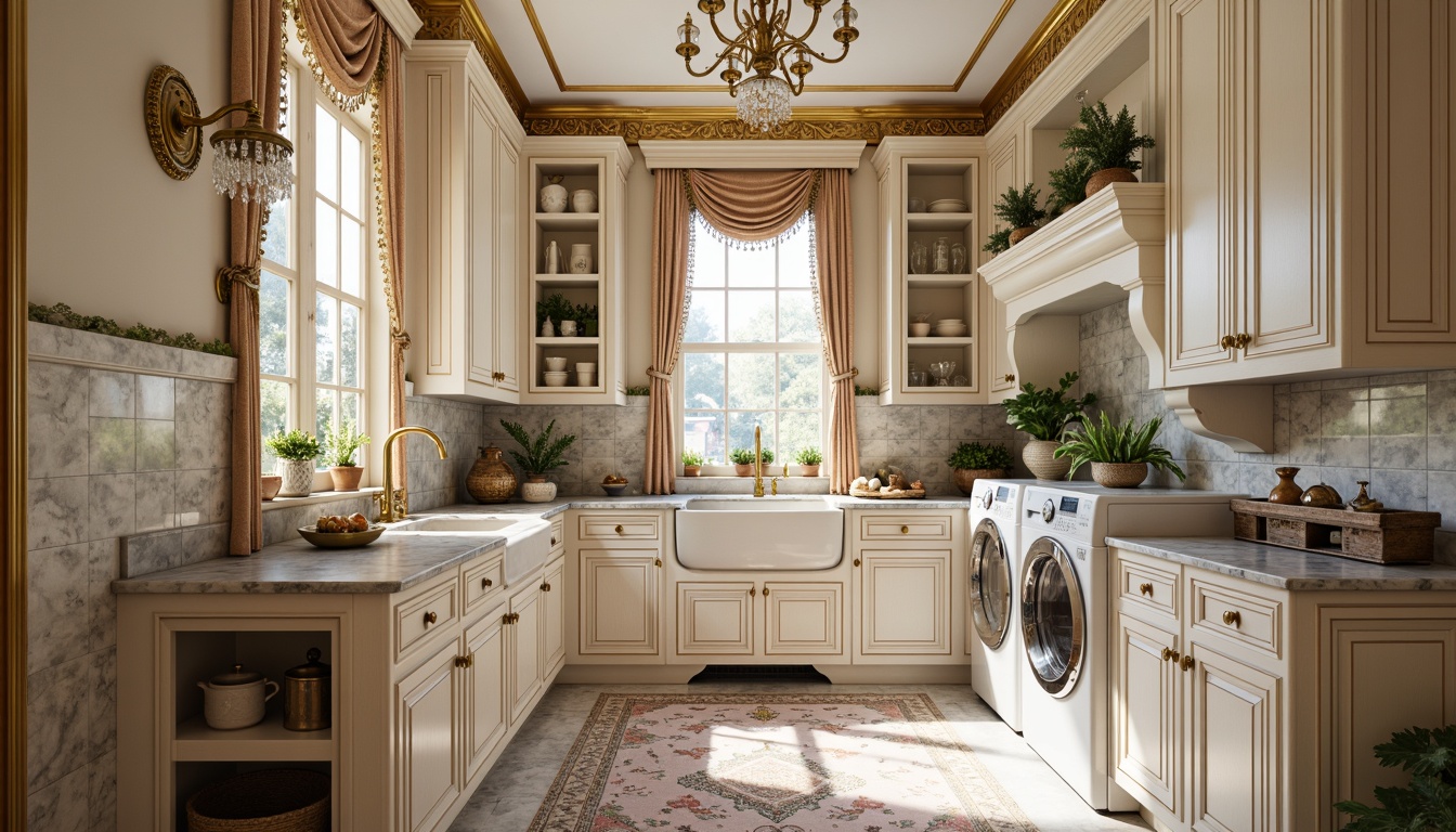 Prompt: Opulent laundry room, ornate gold accents, soft pastel hues, delicate florals, intricate carvings, luxurious fabrics, crystal chandeliers, ornamental sconces, candelabra-inspired fixtures, distressed finishes, vintage decorative accents, lavish marble countertops, elegant cabinetry, sparkling glassware, warm ambient lighting, shallow depth of field, 1/2 composition, softbox illumination.