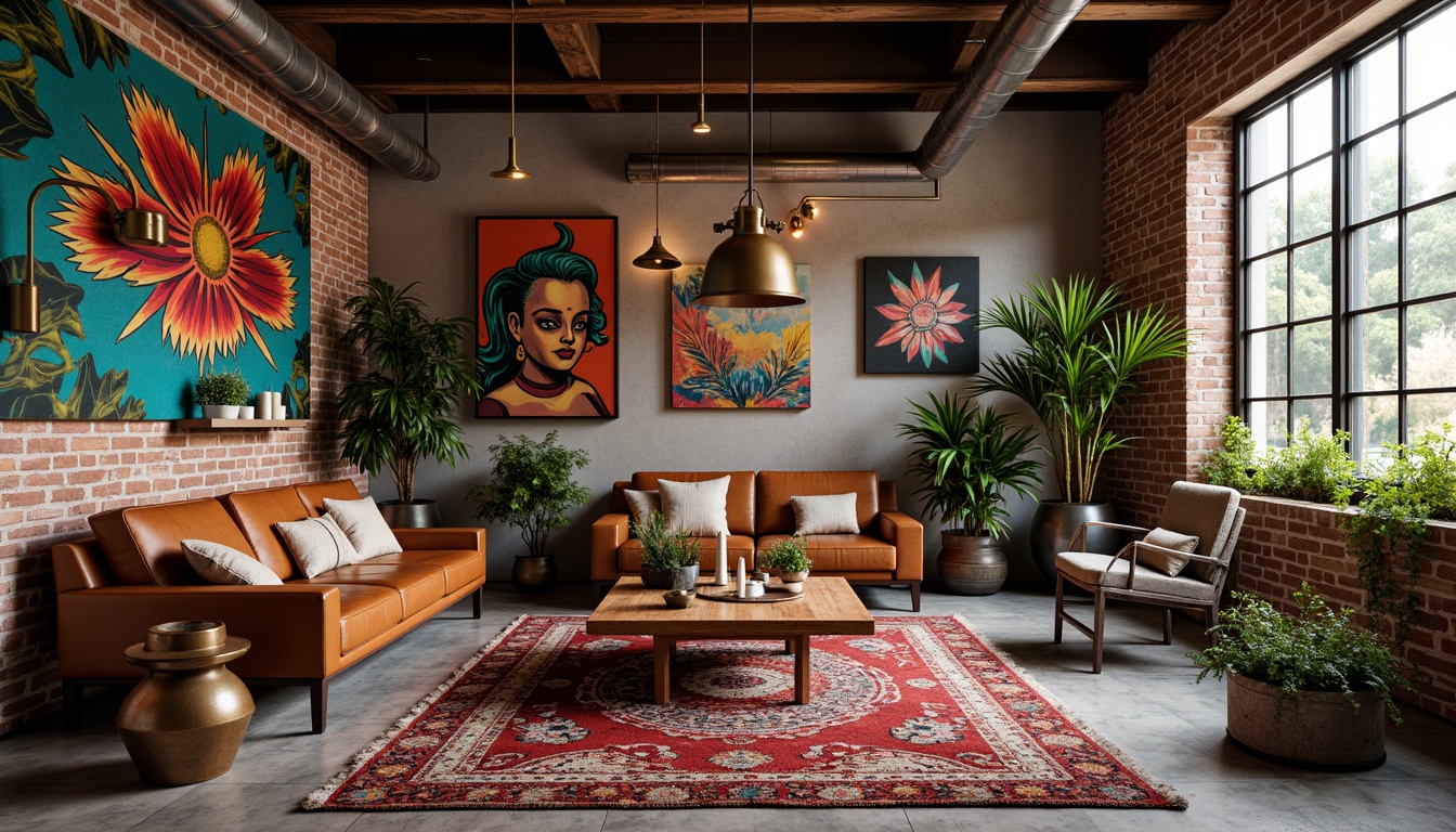 Prompt: Richly patterned rugs, reclaimed wood accents, exposed brick walls, metallic industrial lamps, vibrant abstract artwork, eclectic furniture pieces, distressed leather sofas, geometric-shaped coffee tables, lush greenery, natural stone flooring, bold colorful murals, edgy urban graffiti, unique sculptural decorations, warm cozy lighting, shallow depth of field, 3/4 composition, realistic textures, ambient occlusion.