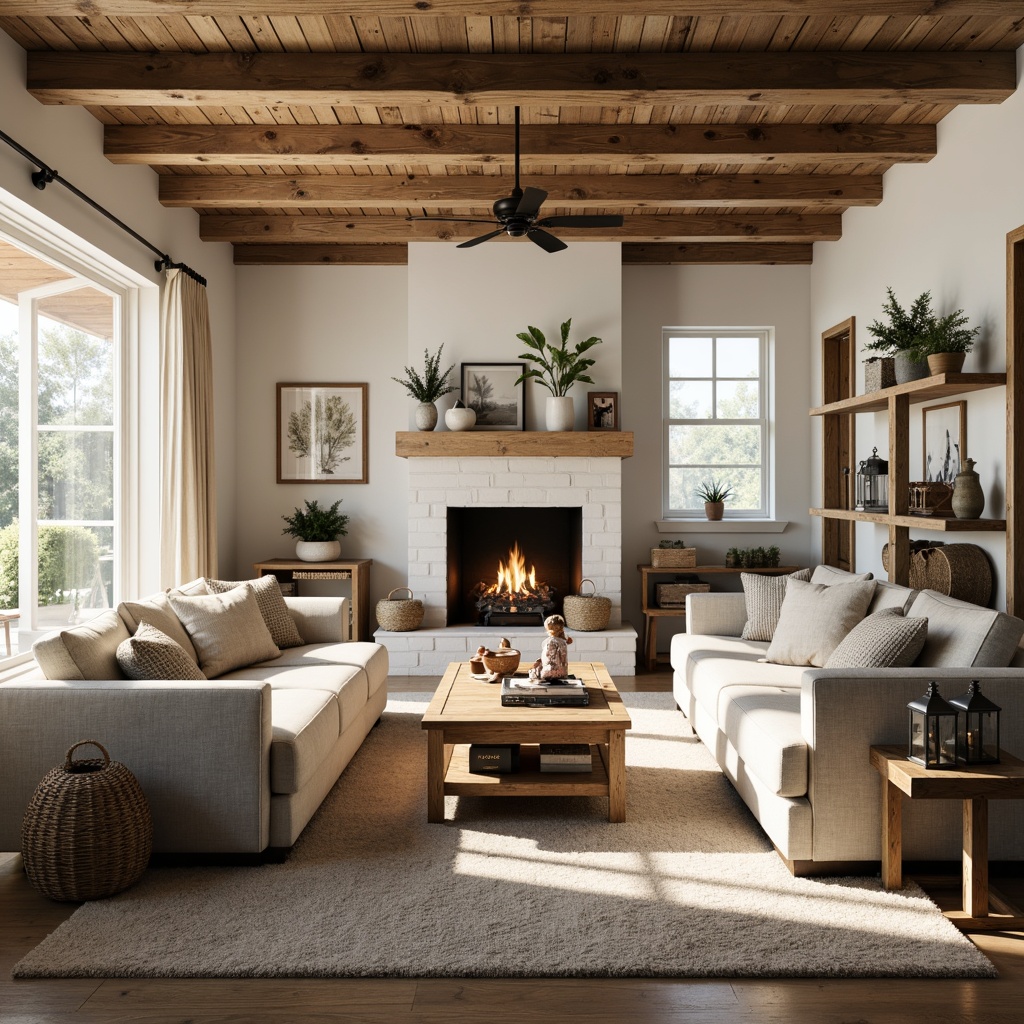 Prompt: Cozy farmhouse living room, rustic wooden beams, distressed wood furniture, vintage decorative accents, soft plush area rugs, natural stone fireplaces, warm earthy tones, creamy whites, weathered metal lanterns, woven wicker baskets, potted greenery, shiplap wall paneling, reclaimed wood shelving, industrial metal lighting, soft warm glow, shallow depth of field, 1/1 composition, inviting atmosphere, realistic textures, ambient occlusion.