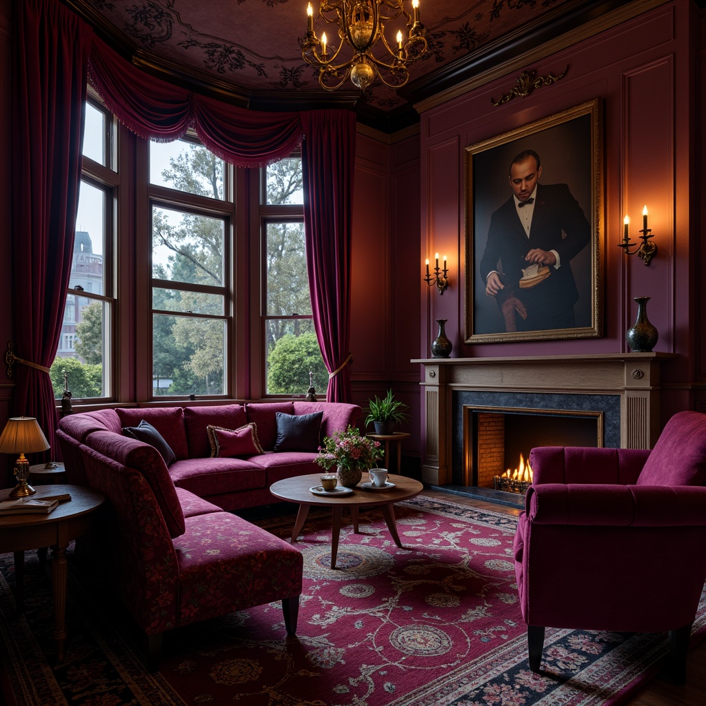 Prompt: Rich plum tones, luxurious velvet fabrics, ornate golden accents, mysterious twilight atmosphere, warm candlelight, soft focus, 2/3 composition, atmospheric perspective, deep shadows, intricate patterns, lavish furnishings, opulent textures, regal colors, dramatic lighting, high contrast, bold brushstrokes.