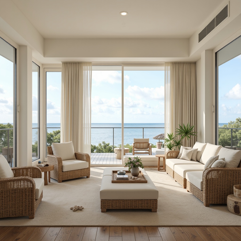 Prompt: Coastal living room, large windows, ocean views, soft natural light, creamy white walls, wooden floors, beachy textures, woven rattan furniture, nautical accents, shells, driftwood decor, calming color palette, airy atmosphere, minimal ornamentation, functional layout, open-plan design, sliding glass doors, seamless transitions, warm beige tones, reflective surfaces, subtle wave patterns, gentle ocean breeze, 1/1 composition, soft focus blur.