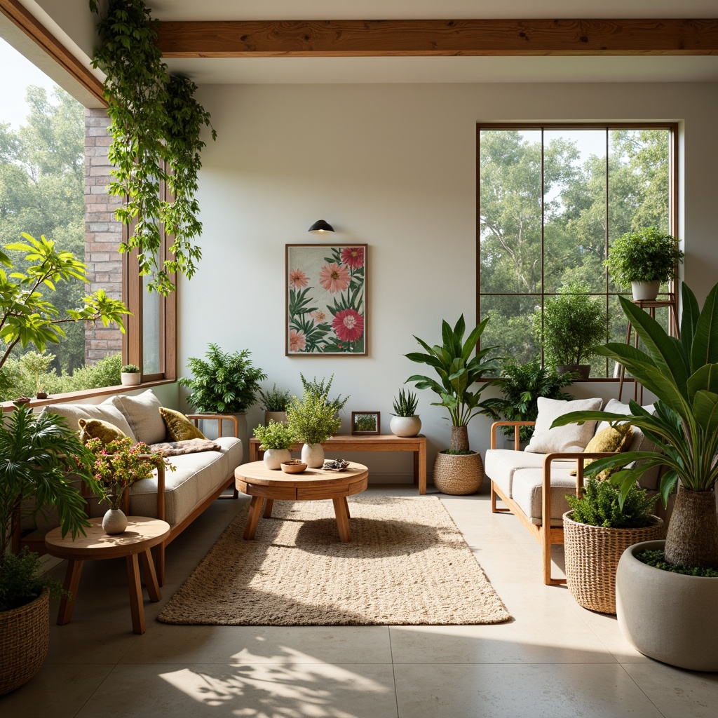 Prompt: Vibrant living room, lush greenery, potted plants, natural wood furniture, woven baskets, earthy tones, warm lighting, cozy textiles, plush rugs, minimalist decor, modern planters, trailing ivy, flowering blooms, refreshing ambiance, inviting seating areas, rustic wooden accents, nature-inspired artwork, soft pastel colors, 1/1 composition, shallow depth of field, realistic textures.