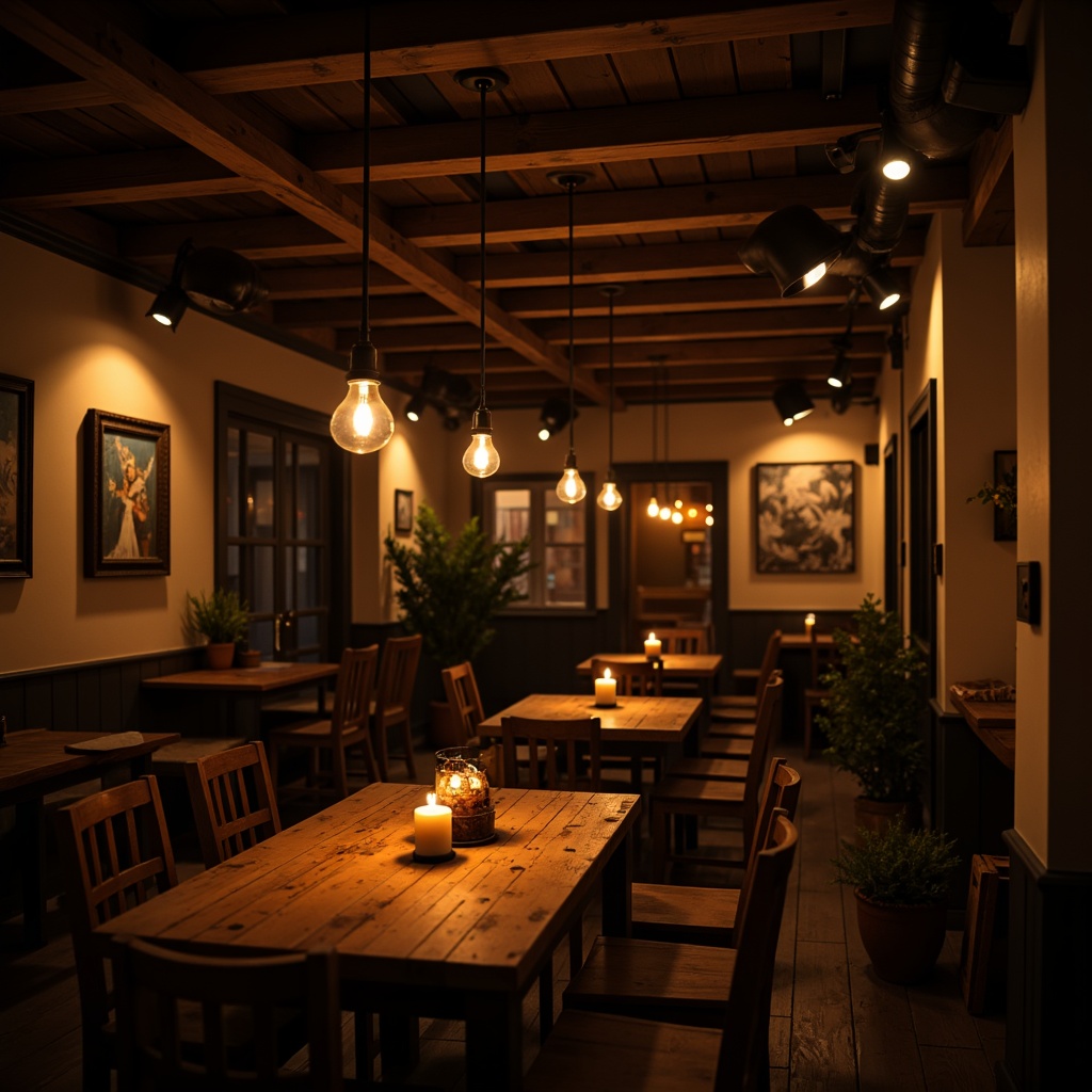 Prompt: Dimly lit cozy atmosphere, warm golden lighting, rustic wooden fixtures, pendant lamps, Edison bulbs, candles, soft diffused glow, intimate setting, vintage industrial decor, distressed metal accents, earthy tones, natural textures, ambient shadows, relaxed mood, inviting ambiance, warm color temperatures, subtle contrasts, layered light sources, dramatic ceiling fixtures.