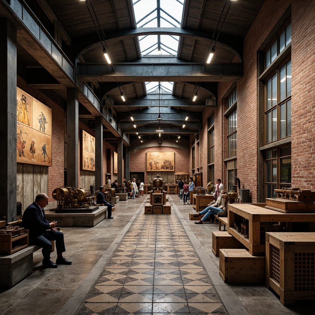 Prompt: Art Deco factory interior, exposed brick walls, industrial metal beams, polished concrete floors, geometric patterned tiles, ornate metallic accents, vintage machinery displays, distressed wood crates, urban industrial atmosphere, warm softbox lighting, shallow depth of field, 1/1 composition, realistic textures, ambient occlusion.