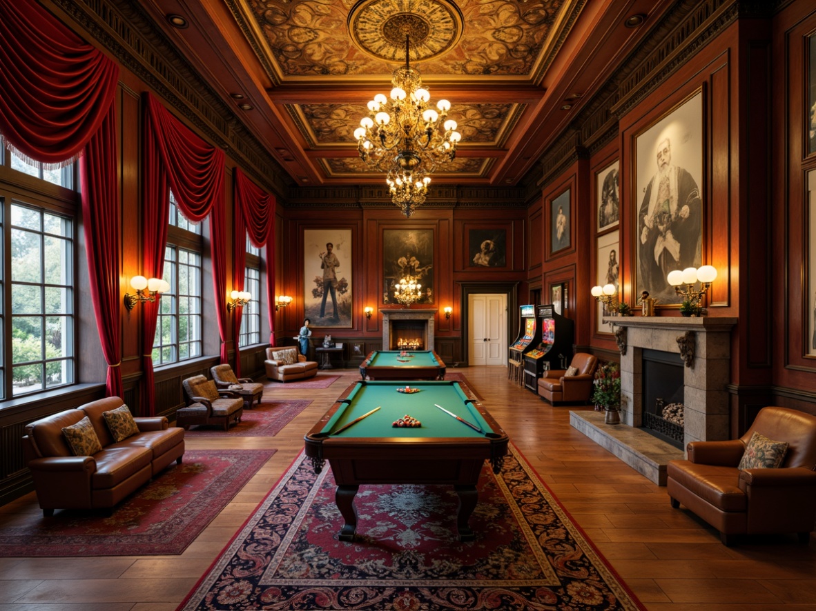 Prompt: Richly ornamented game room, luxurious velvet drapes, intricately carved wooden panels, antique furnishings, ornate chandeliers, warm golden lighting, plush area rugs, comfortable leather sofas, vintage pool tables, classic arcade machines, nostalgic posters, decorative moldings, distressed wood accents, elegant crown molding, rustic stone fireplaces, cozy reading nooks, soft warm colors, atmospheric shadows, 1/1 composition, dramatic spotlighting.