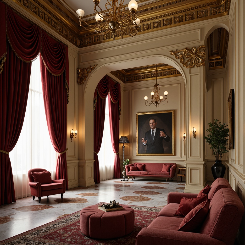 Prompt: Rich velvet drapes, ornate golden accents, luxurious marble floors, warm cream walls, opulent chandeliers, lavish furnishings, sophisticated neutral tones, deep crimson reds, majestic navy blues, metallic gold leafing, intricate moldings, grandiose archways, dramatic spot lighting, atmospheric smoke effects, realistic textures, cinematic composition, shallow depth of field.