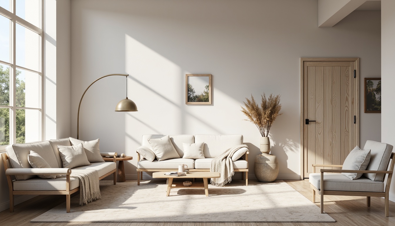 Prompt: Monochromatic interior, soft beige tones, creamy whites, warm grays, natural textures, reclaimed wood accents, industrial metal details, cozy throw blankets, minimalist decor, Scandinavian-inspired furniture, simple shapes, clean lines, abundant natural light, subtle shadows, 1/1 composition, soft focus, realistic renderings.