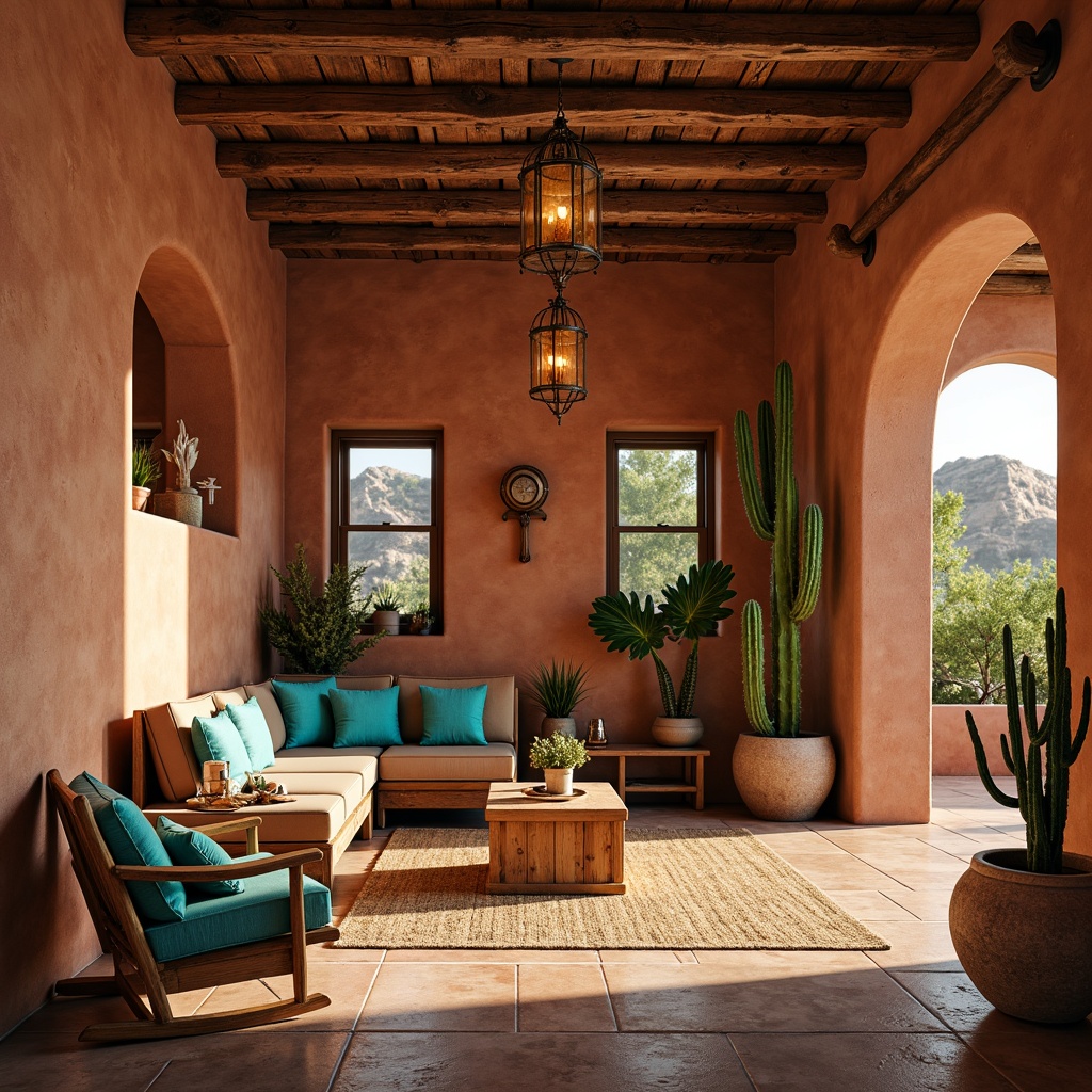 Prompt: Rustic southwestern adobe architecture, earthy terracotta walls, vibrant turquoise accents, woven textiles, natural fiber rugs, pendant lanterns with wrought iron details, candle-like chandeliers, wooden ceiling beams, arched windows, clay tile floors, desert botanicals, cacti, succulents, warm golden lighting, soft ambient glow, 1/1 composition, shallow depth of field, realistic textures, atmospheric perspective.