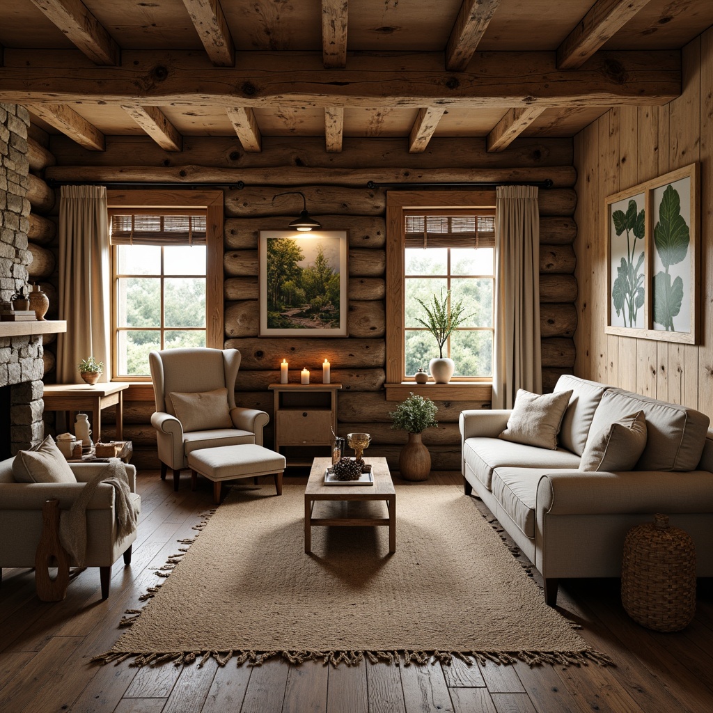 Prompt: Rustic cabin, wooden accents, natural stone walls, earthy color palette, reclaimed wood flooring, vintage furniture, woven textiles, linen fabrics, jute rugs, pinecone decorations, candles, lanterns, distressed finishes, rough-hewn beams, wooden shutters, botanical prints, nature-inspired artwork, warm cozy lighting, soft shadows, 1/1 composition, realistic textures, ambient occlusion.