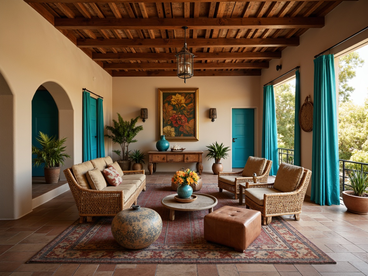 Prompt: Vibrant turquoise accents, rustic wooden furniture, woven wicker chairs, plush desert-inspired upholstery, distressed leather ottomans, ornate metal fixtures, Talavera pottery vases, cactus-shaped decorative accessories, warm beige walls, rich wood flooring, Southwestern patterned rugs, natural fiber textiles, earthy terracotta planters, geometric tile work, soft warm lighting, 1/1 composition, intimate atmosphere, realistic textures.