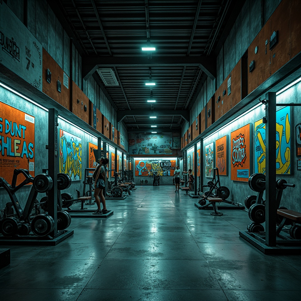 Prompt: Industrial brutalist gym, rugged concrete walls, metal beams, exposed ductwork, raw steel equipment, bold graffiti murals, dark muted color scheme, deep charcoal grey, rich earthy brown, industrial blue tones, neon green accents, high-contrast lighting, dramatic shadows, metallic reflections, gritty textures, urban decay atmosphere, intense workout ambiance, dynamic camera angles, 1/2 composition, low-key lighting, cinematic mood.