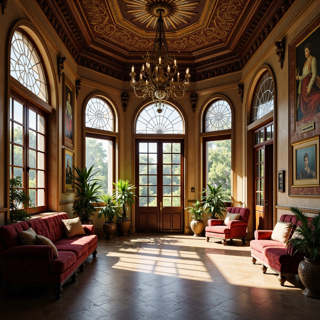 Prompt: Elegant sunroom, Renaissance-style architecture, ornate furnishings, intricate carvings, grand chandeliers, high ceilings, large windows, stained glass doors, natural light pouring in, warm sunny day, soft gentle illumination, subtle shadows, 1/1 composition, shallow depth of field, realistic textures, ambient occlusion, rich wood tones, luxurious fabrics, velvet drapes, golden accents, ornate mirrors, lavish decorations.