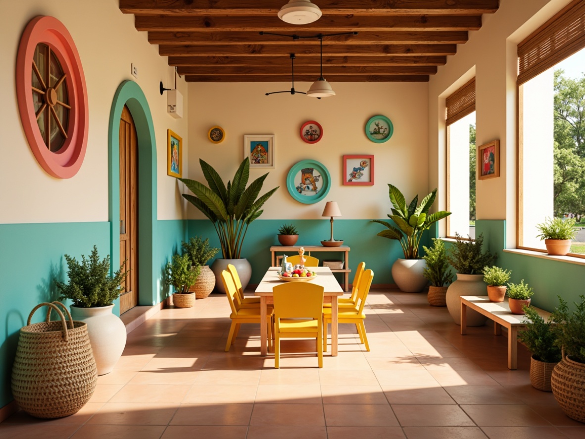 Prompt: Vibrant kindergarten, Mediterranean style, warm beige walls, bright turquoise accents, sunny yellow furniture, soft sage greenery, playful coral decorations, creamy white arches, terracotta tile floors, natural wood textures, woven wicker baskets, colorful ceramic vases, whimsical wall murals, cheerful children's artwork, abundant potted plants, soft diffused lighting, shallow depth of field, 1/2 composition, warm atmospheric effects, realistic render.