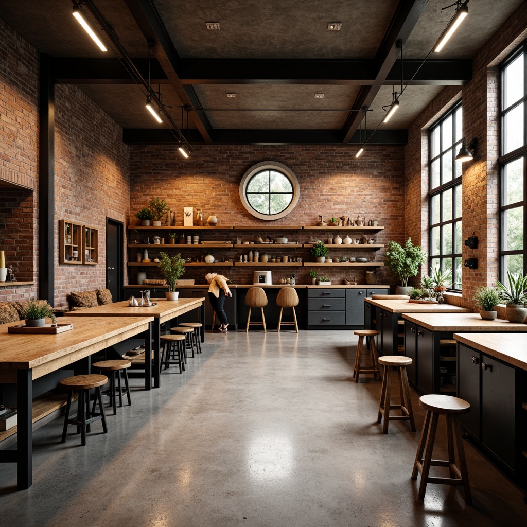 Prompt: Industrial-style workshop, wooden workbenches, metal stools, rustic tool cabinets, vintage factory lights, exposed brick walls, polished concrete floors, modern minimalist chairs, reclaimed wood shelving units, decorative steel beams, earthy color palette, warm soft lighting, shallow depth of field, 1/2 composition, realistic textures, ambient occlusion.