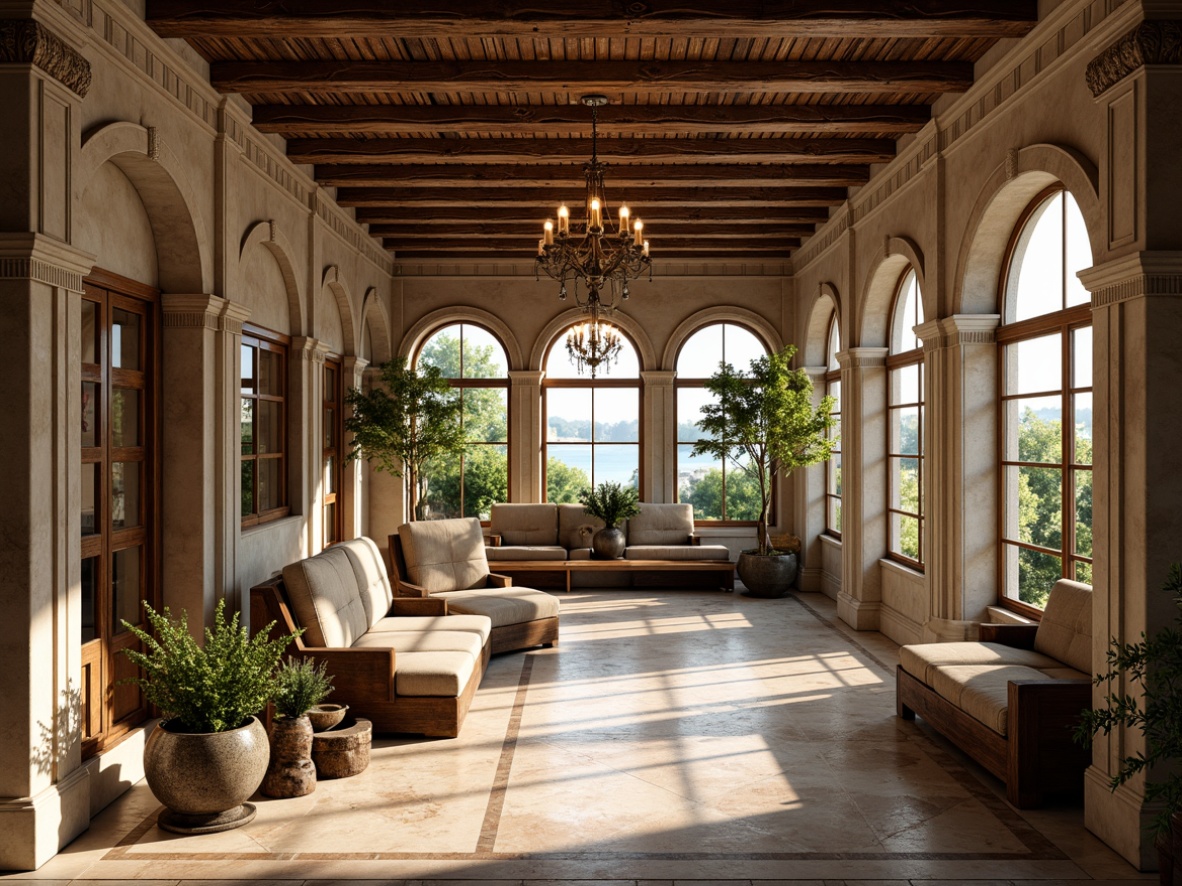 Prompt: Renaissance-style sunroom, ornate stone carvings, grand arched windows, intricate wooden beam ceilings, lavish chandeliers, marble flooring, ornamental plasterwork, decorative pilasters, classical columns, rustic brick walls, earthy tone color palette, warm natural lighting, soft shadows, 1/1 composition, detailed textures, ambient occlusion, realistic reflections.