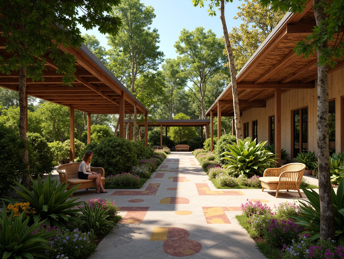 Prompt: Vibrant tropical bus station, lush greenery, exotic flowers, natural wood accents, woven rattan benches, colorful mosaic tiles, curved lines, organic shapes, rustic metal roofs, earthy tones, ambient lighting, warm sunny day, soft focus, shallow depth of field, 2/3 composition, realistic textures, atmospheric perspective.