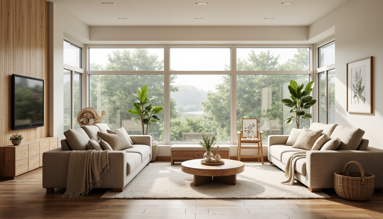 Prompt: Cozy Nordic living room, large windows, soft natural light, minimalist decor, light wood tones, comfortable sofas, plush throw blankets, greenery plants, botanical prints, rustic wooden tables, woven baskets, soft pastel colors, warm beige walls, creamy white ceilings, subtle textures, calm atmosphere, overcast sky, gentle shadows, shallow depth of field, 2/3 composition, realistic rendering.