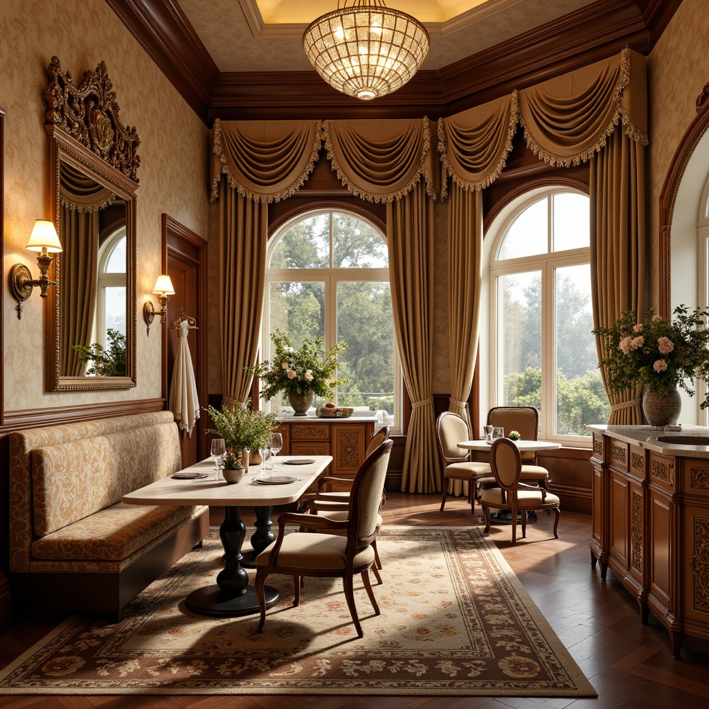 Prompt: Ornate breakfast nook, richly patterned wallpaper, luxurious velvet upholstery, intricately carved wooden furniture, gilded accents, crystal chandeliers, opulent marble countertops, ornamental mirrors, lavish drapery, soft golden lighting, warm beige tones, elegant curves, stately columns, refined ornamentation, regal atmosphere.