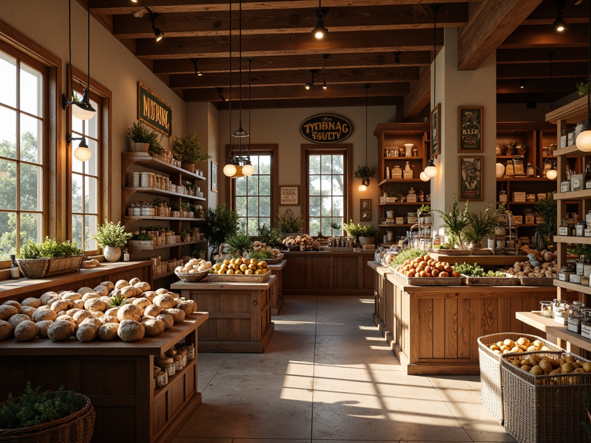 Prompt: Warm and inviting traditional grocery store, rustic wooden shelves, nostalgic signage, warm white lighting, softbox fixtures, pendant lamps, decorative metal lanterns, earthy tones, natural stone flooring, distressed wood accents, cozy corner displays, vintage-inspired packaging, warm beige walls, classic storefront fa\u00e7ade, afternoon sunlight, soft shadows, 1/1 composition, realistic textures.