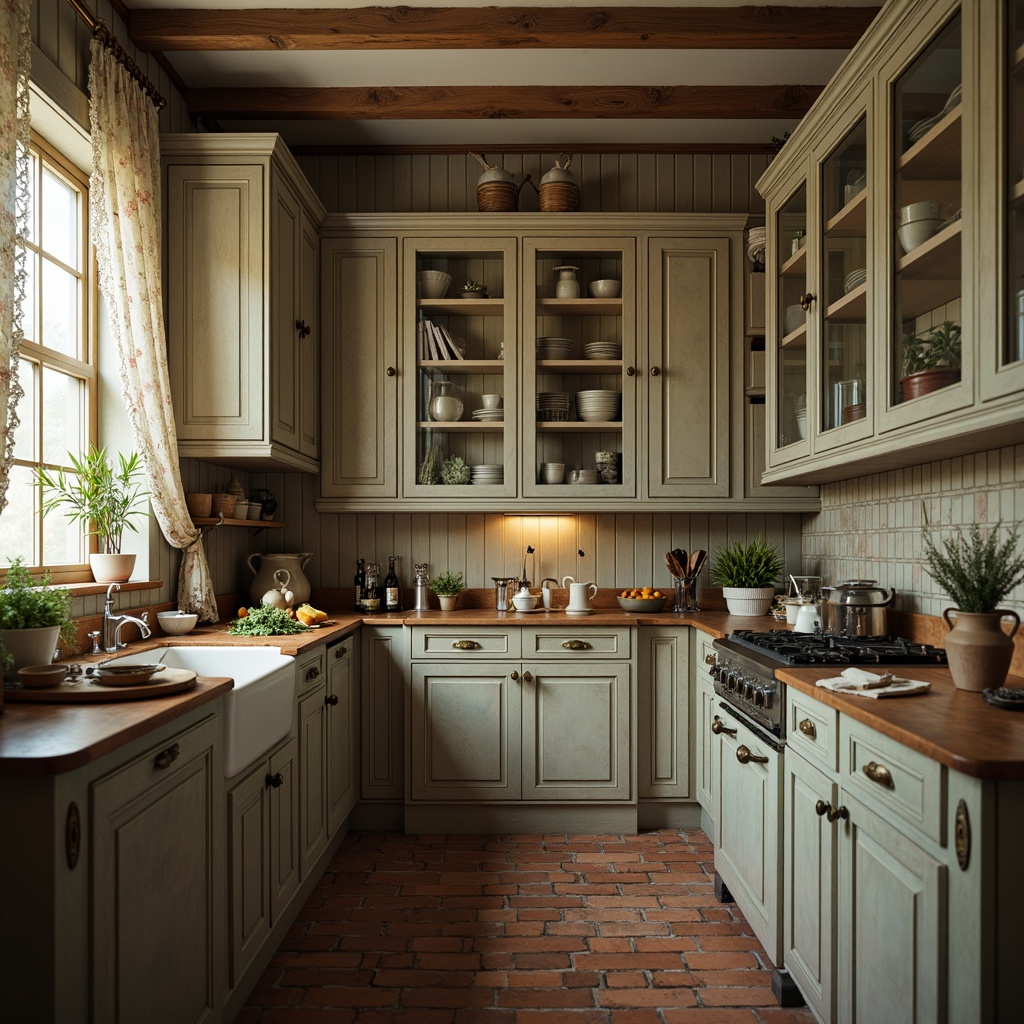 Prompt: Vintage kitchen, distressed wood cabinets, soft pastel colors, ornate metal hardware, floral patterned curtains, lace trim, antique appliances, rustic wooden tables, worn brick floors, warm candlelight, natural stone countertops, delicate china displays, distressed finishes, subtle sheen, 1/2 composition, intimate atmosphere, realistic textures, ambient occlusion.