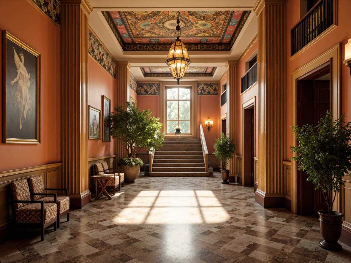 Prompt: Luxurious school hallway, polished marble floors, ornate metal railings, elegant wooden doors, intricate geometric patterns, vibrant colorful murals, ornate chandeliers, luxurious textiles, richly upholstered furniture, decorative metallic accents, sophisticated architectural details, high ceilings, grand staircases, dramatic lighting effects, warm golden tones, shallow depth of field, 1/1 composition, realistic textures, ambient occlusion.