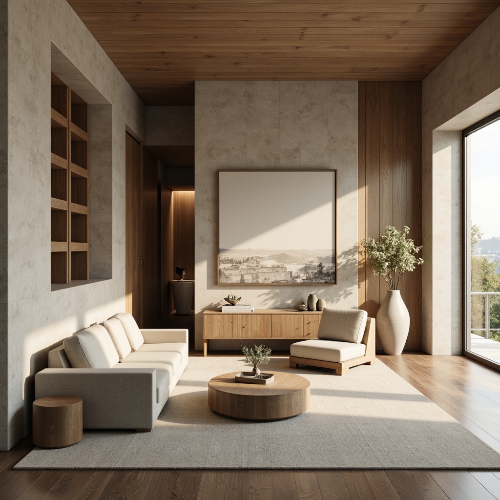 Prompt: Timeless interior design, neutral color palette, natural materials, wooden accents, matte finishes, subtle textures, earthy tones, elegant simplicity, minimalist decor, luxurious ambiance, soft warm lighting, 1/2 composition, shallow depth of field, realistic renderings, ambient occlusion.