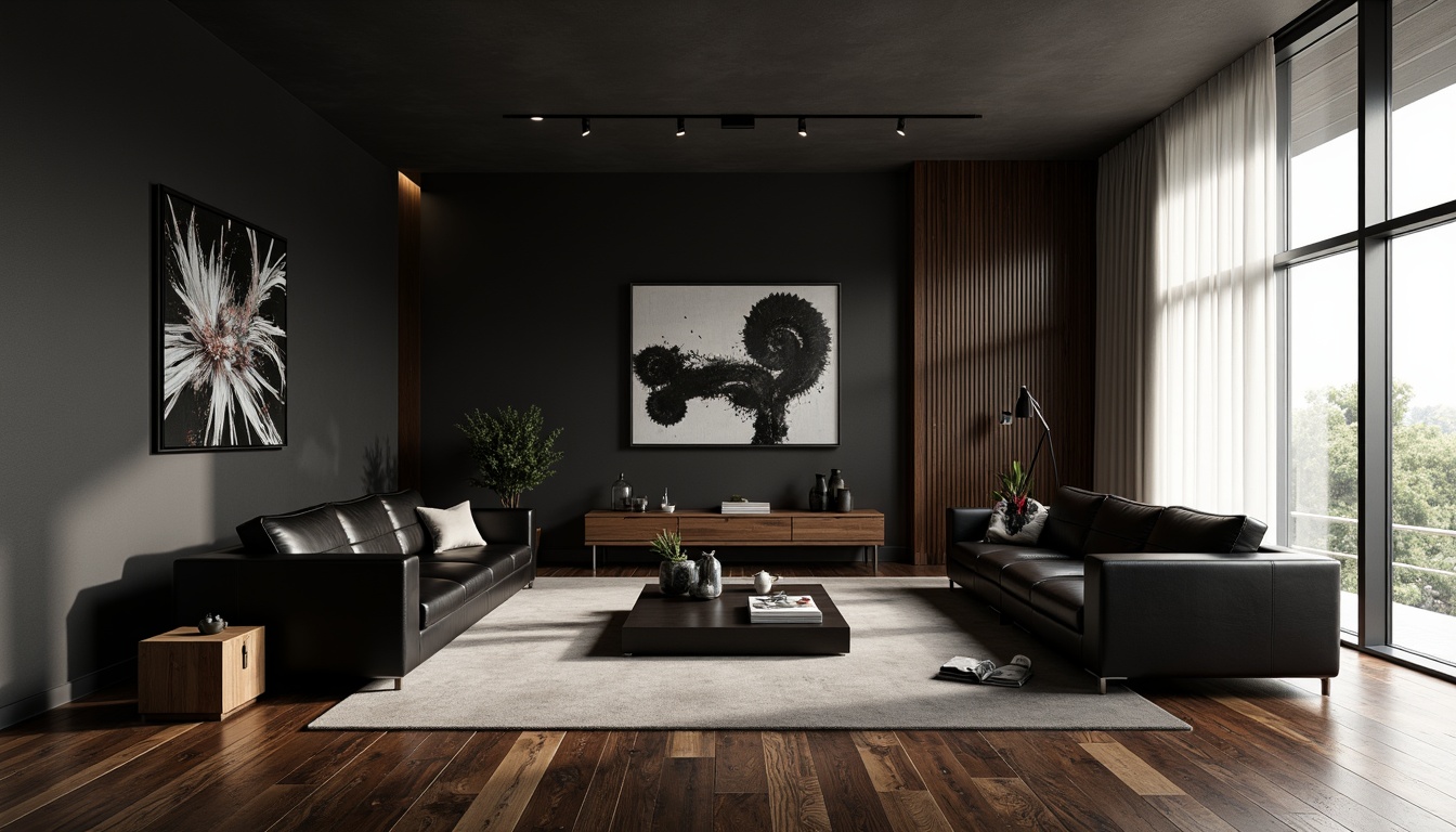 Prompt: Luxurious living room, dramatic black walls, rich dark wood flooring, sleek black leather sofas, modern minimalist coffee table, abstract art pieces, floor-to-ceiling windows, sheer white curtains, subtle warm lighting, shallow depth of field, 3/4 composition, panoramic view, realistic textures, ambient occlusion.