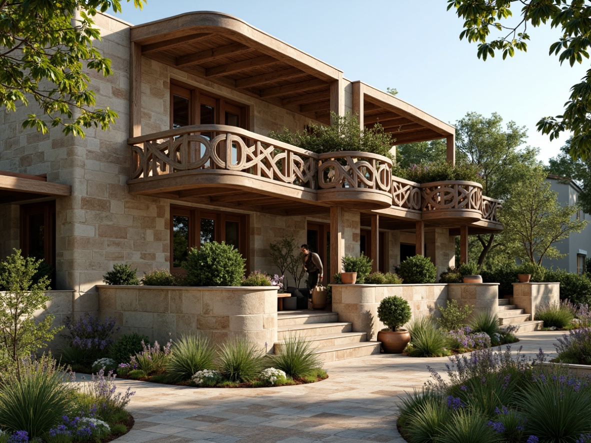 Prompt: Rustic farmhouse, curved lines, ornate decorations, flowing organic forms, natural stone walls, wooden accents, earthy color palette, lush greenery, blooming wildflowers, sunny day, soft warm lighting, shallow depth of field, 3/4 composition, panoramic view, realistic textures, ambient occlusion, intricate stonework, decorative trims, ornamental railings, grand entranceways, inviting porches, distressed wood finishes, vintage metalware, Art Nouveau-inspired motifs, botanical illustrations, natural fabrics, earthy scents.