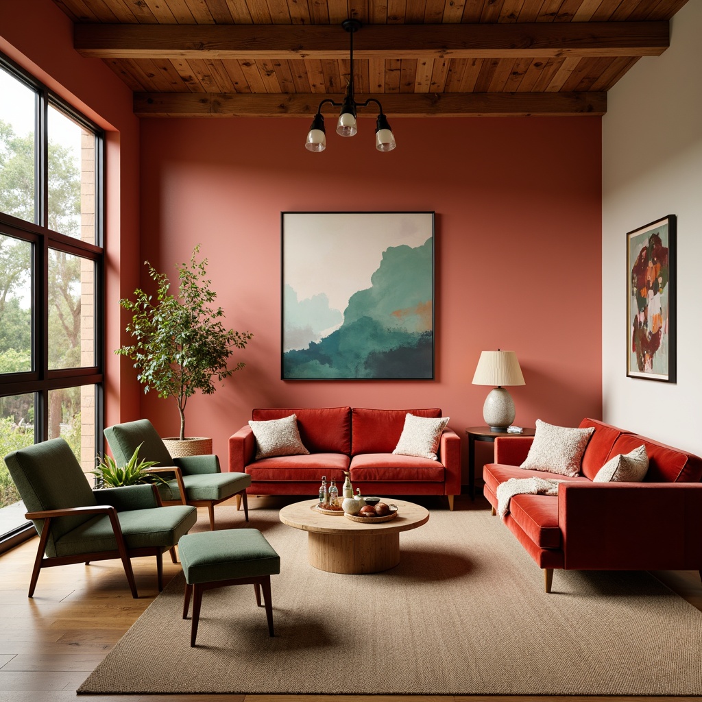 Prompt: Vibrant living room, bold accent walls, rich wood furniture, plush velvet sofas, abstract art pieces, statement light fixtures, cozy throw blankets, warm beige carpets, large windows, natural sunlight, soft warm lighting, 1/1 composition, intimate atmosphere, eclectic decor style, pops of bright coral, calming mint green, earthy terracotta tones.