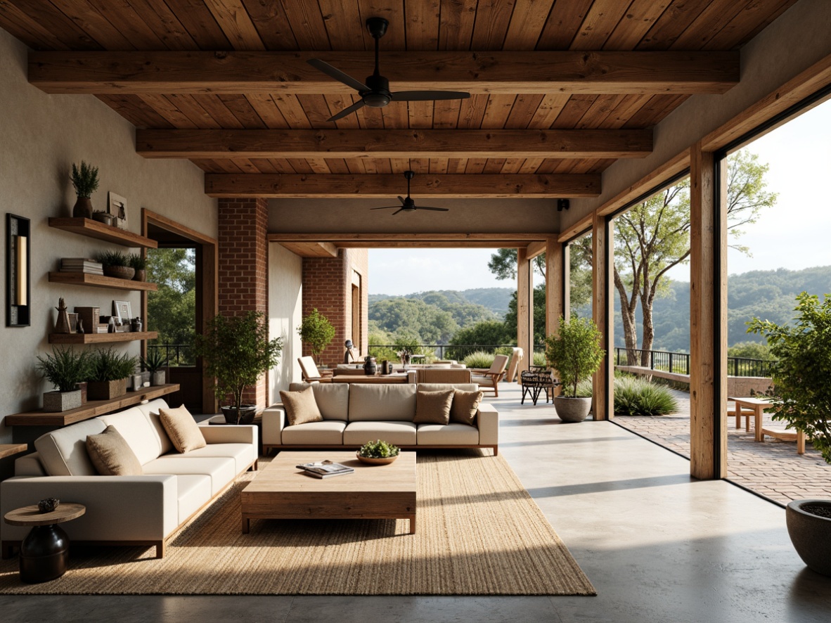 Prompt: Rustic farmhouse, open layout, reclaimed wood accents, vintage metal decorations, earthy tones, natural textiles, abundance of greenery, wooden beams, exposed brick walls, industrial-style lighting fixtures, concrete floors, modern minimalist furniture, airy atmosphere, plenty of natural light, sliding glass doors, serene outdoor spaces, rolling hills, scenic countryside views, warm sunny day, soft diffused lighting, shallow depth of field, 1/2 composition, realistic textures, ambient occlusion.