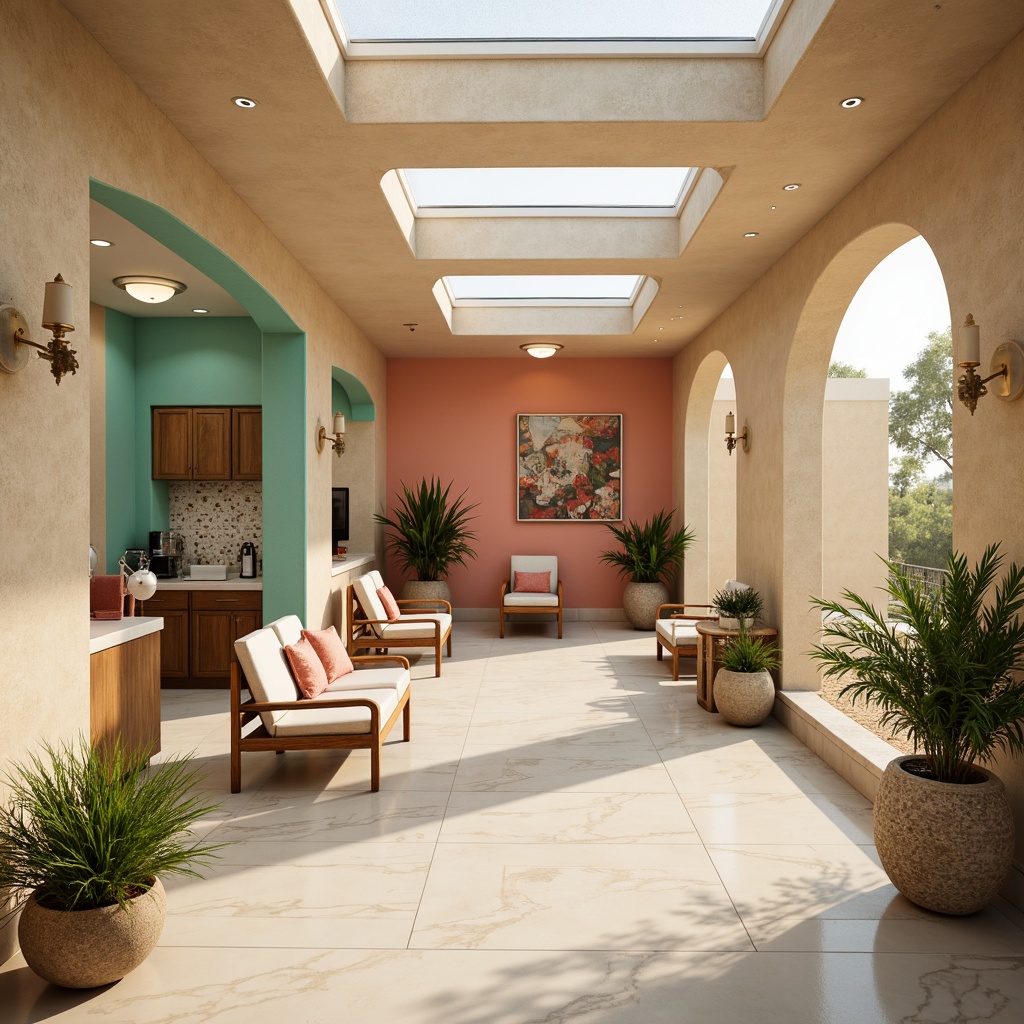 Prompt: Warm Mediterranean dental clinic, soft sandy beige walls, calming turquoise accents, creamy white marble floors, rustic wooden furniture, natural stone decorative elements, refreshing citrus greenery, vibrant coral pink hues, sunny skylights, warm golden lighting, shallow depth of field, 3/4 composition, realistic textures, ambient occlusion.