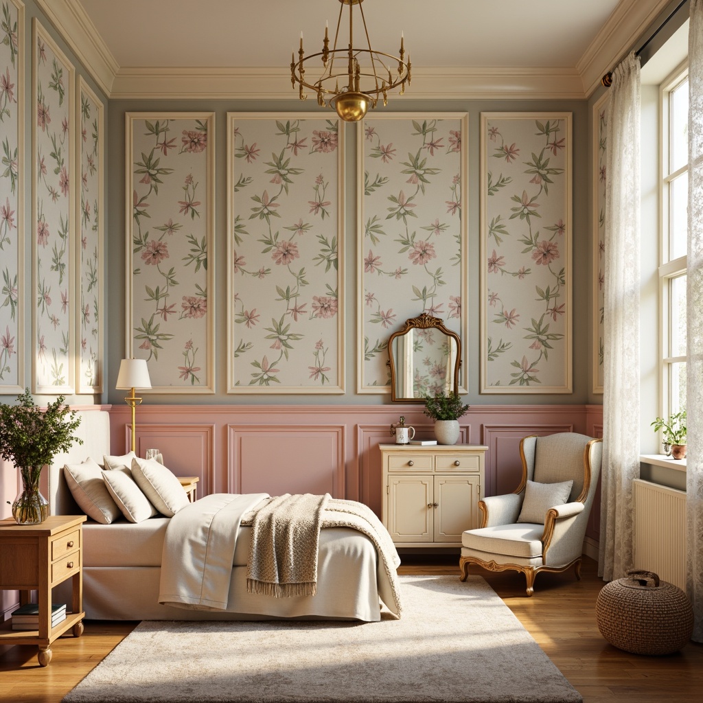 Prompt: Whimsical kids' bedroom, soft pastel colors, floral wallpaper, ornate wooden wainscoting, distressed finishes, vintage furniture pieces, plush area rugs, creamy white trim, delicate lace curtains, warm golden lighting, shallow depth of field, 1/1 composition, realistic textures, ambient occlusion.