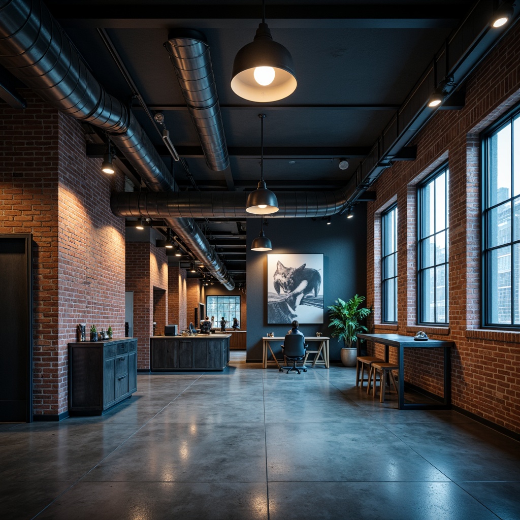 Prompt: Exposed brick walls, metallic beams, polished concrete floors, modern industrial architecture, functional lighting fixtures, sleek metal shades, adjustable arm lamps, minimalist design, task-oriented illumination, high-ceilinged space, urban loft atmosphere, reclaimed wood accents, steel blue tones, moody ambient lighting, dramatic shadows, 1/2 composition, realistic textures, soft focus blur.