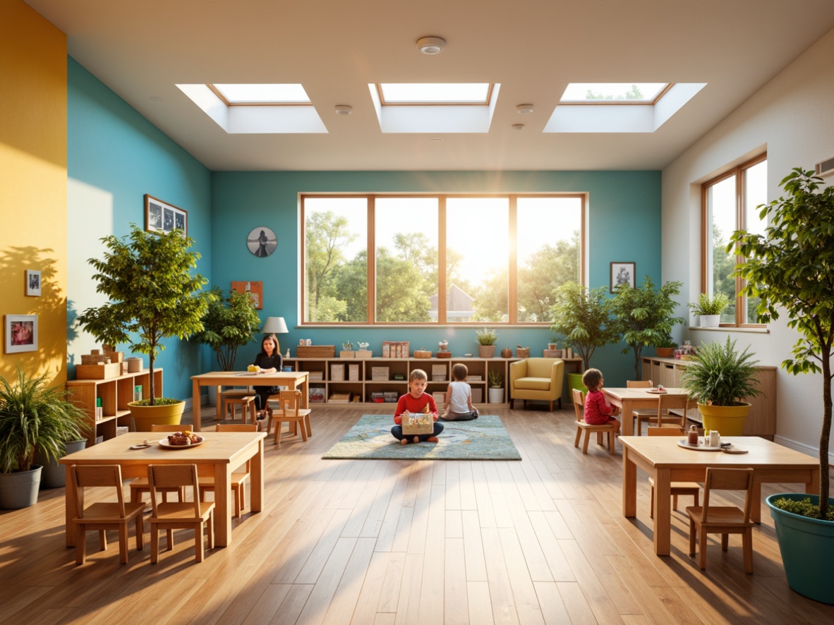 Prompt: Vibrant kindergarten classroom, large windows, skylights, natural light pouring in, soft warm illumination, colorful walls, playful furniture, educational toys, wooden tables, tiny chairs, cozy reading nooks, greenery plants, fresh flowers, open floor plan, minimalist decor, neutral color palette, subtle textures, shallow depth of field, 1/1 composition, realistic render, ambient occlusion.Please let me know if this meets your requirements!