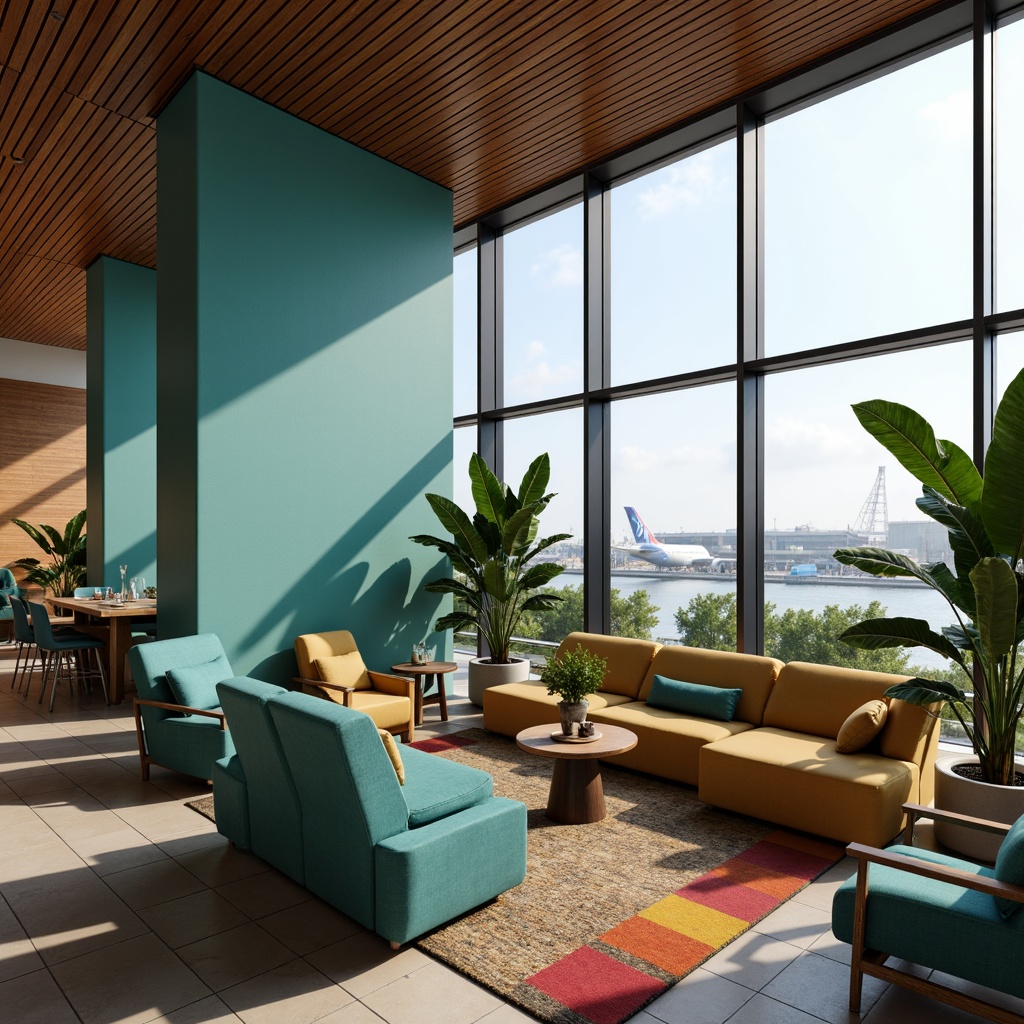 Prompt: Cozy airport lounge, plush sofas, vibrant turquoise accents, natural wood tones, soft warm lighting, comfortable seating arrangements, power outlets, USB ports, free Wi-Fi, peaceful ambiance, calming greenery, floor-to-ceiling windows, panoramic views, modern minimalist decor, sleek metal frames, ergonomic chair designs, colorful patterned rugs, refreshing beverage stations, aromatic coffee, soothing music playlists, shallow depth of field, 1/1 composition, realistic textures, ambient occlusion.