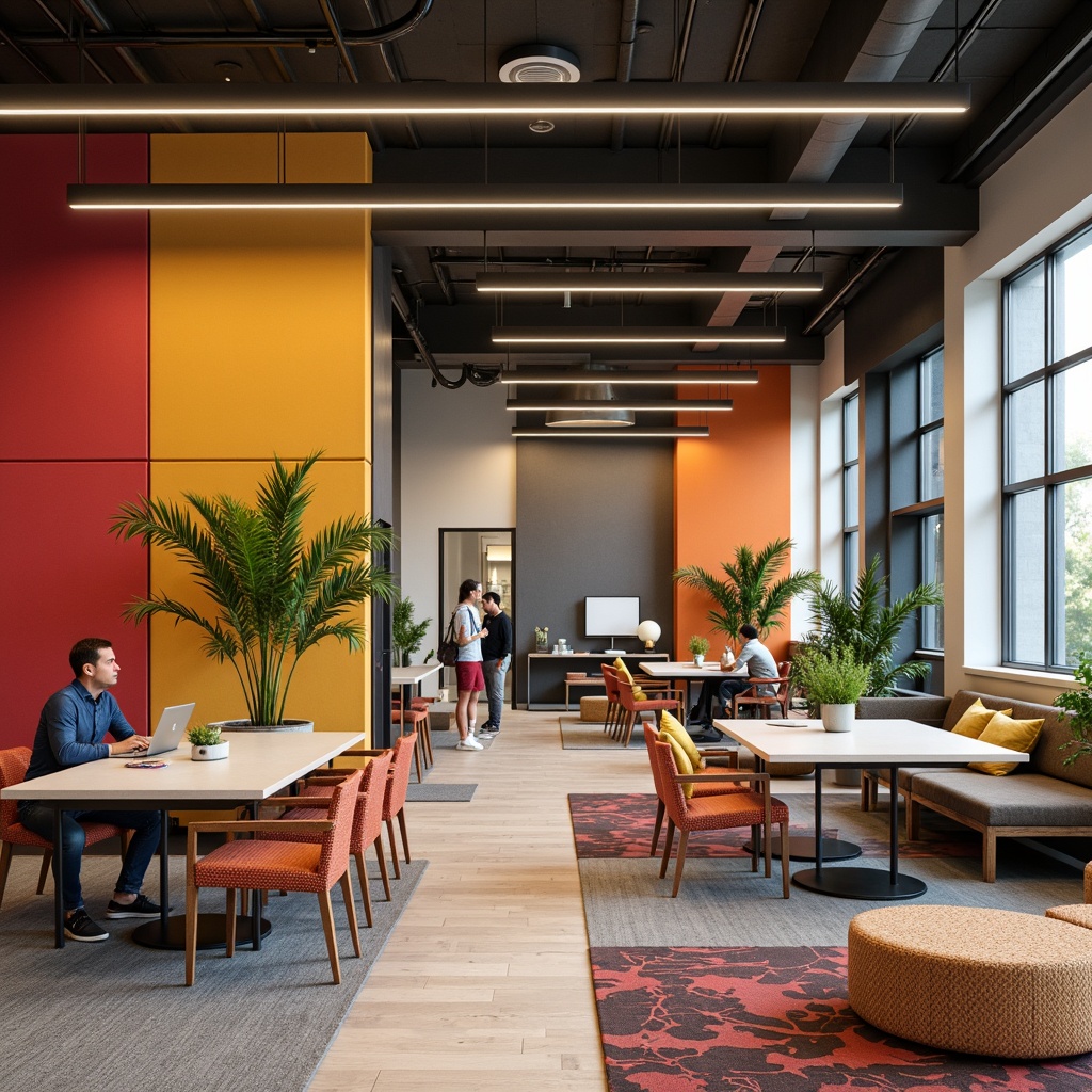 Prompt: Modern office interior, collaborative workspaces, vibrant color schemes, acoustic panels, sound-absorbing fabrics, ergonomic furniture, woven upholstery, natural fibers, organic textures, minimalist decor, geometric patterns, subtle branding elements, professional lighting design, soft warm illumination, 3/4 composition, realistic materials, ambient occlusion.