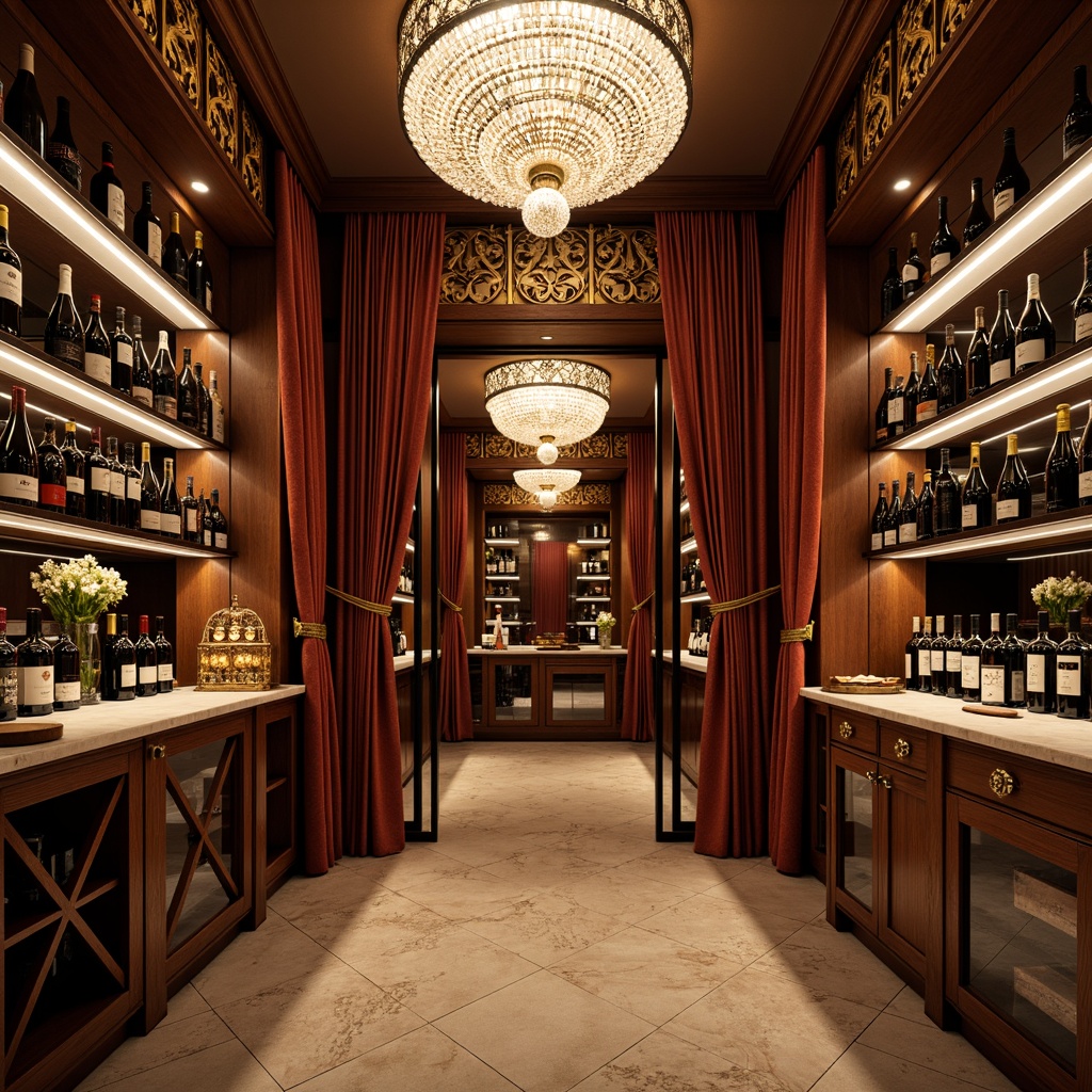 Prompt: Luxurious wine cellar, ornate metalwork, polished chrome accents, rich wood tones, geometric patterns, bold typography, velvet drapes, crystal chandeliers, dimmable LED lighting, ambient warm glow, Art Deco inspired shelves, curved glass doors, antique bronze hardware, bespoke cabinetry, climate-controlled environment, humidity regulation systems, soft focus photography, shallow depth of field, 2/3 composition, warm color palette.