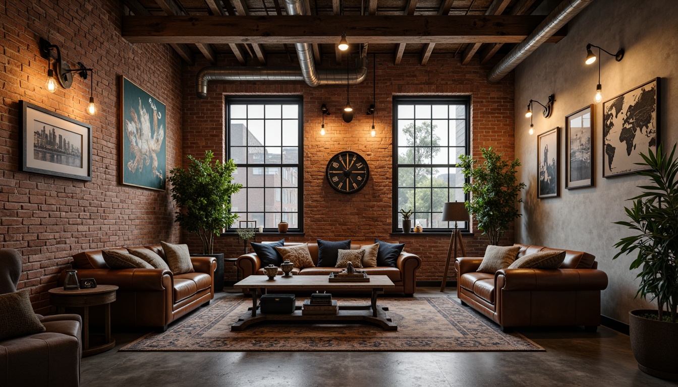 Prompt: Retro-industrial chic living room, exposed brick walls, polished concrete floors, reclaimed wood accents, metal beam ceilings, Edison bulb lighting, vintage factory windows, distressed leather sofas, industrial-chic coffee tables, decorative metal gears, urban loft atmosphere, moody warm lighting, shallow depth of field, 2/3 composition, cinematic view, realistic textures, ambient occlusion.