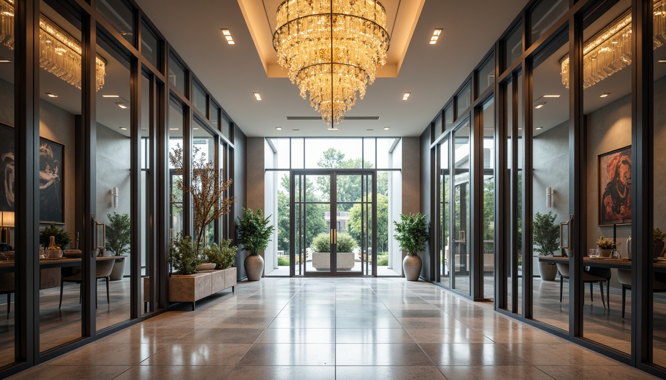 Prompt: Elegant entrance hall, gleaming glass doors, transparent walls, minimalist metal frames, polished chrome handles, modernist architecture, luxurious chandelier, bright ambient lighting, shallow depth of field, 1/1 composition, symmetrical view, reflective floor tiles, sophisticated color palette, subtle texture details.