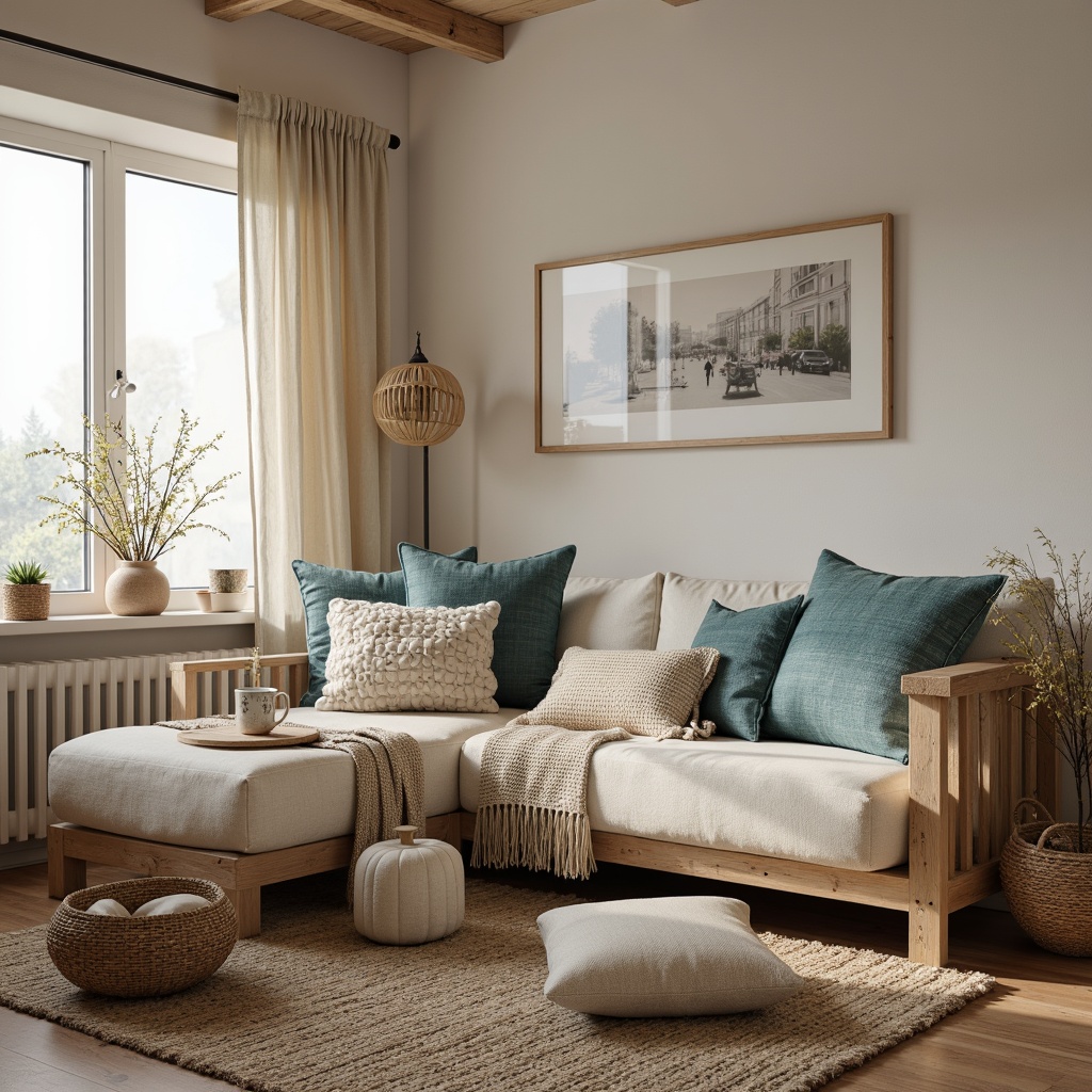 Prompt: Cozy Scandinavian living room, natural fabrics, woven textiles, earthy tones, oatmeal beige, moss green, sky blue accents, plush throw blankets, chunky knit pillows, rustic wooden furniture, minimalist design, clean lines, light-filled spaces, sheer curtains, soft warm lighting, 1/1 composition, intimate atmosphere, realistic textures, ambient occlusion.