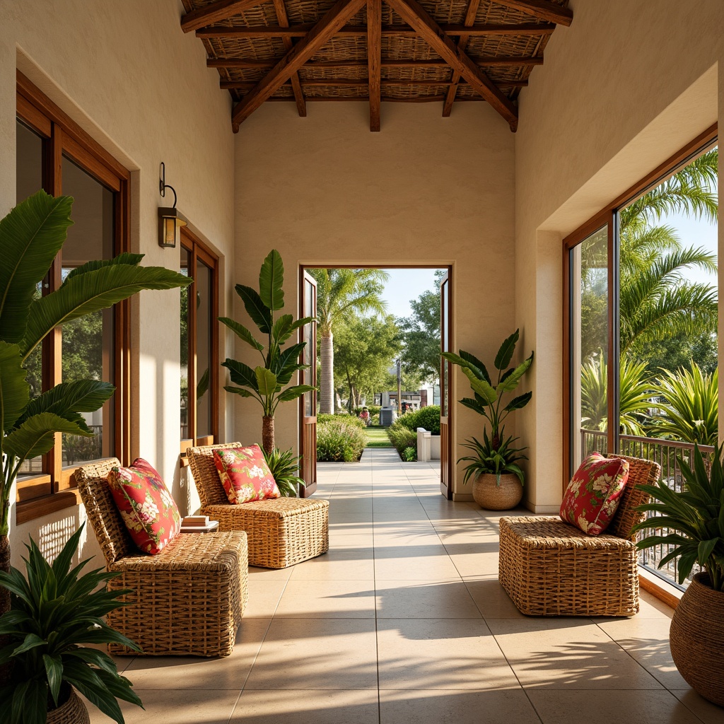 Prompt: Tropical style hall, woven rattan furniture, natural wood accents, vibrant floral patterns, exotic palm trees, warm beige walls, creamy white ceilings, large windows, sliding glass doors, lush greenery views, soft golden lighting, shallow depth of field, 1/1 composition, realistic textures, ambient occlusion.